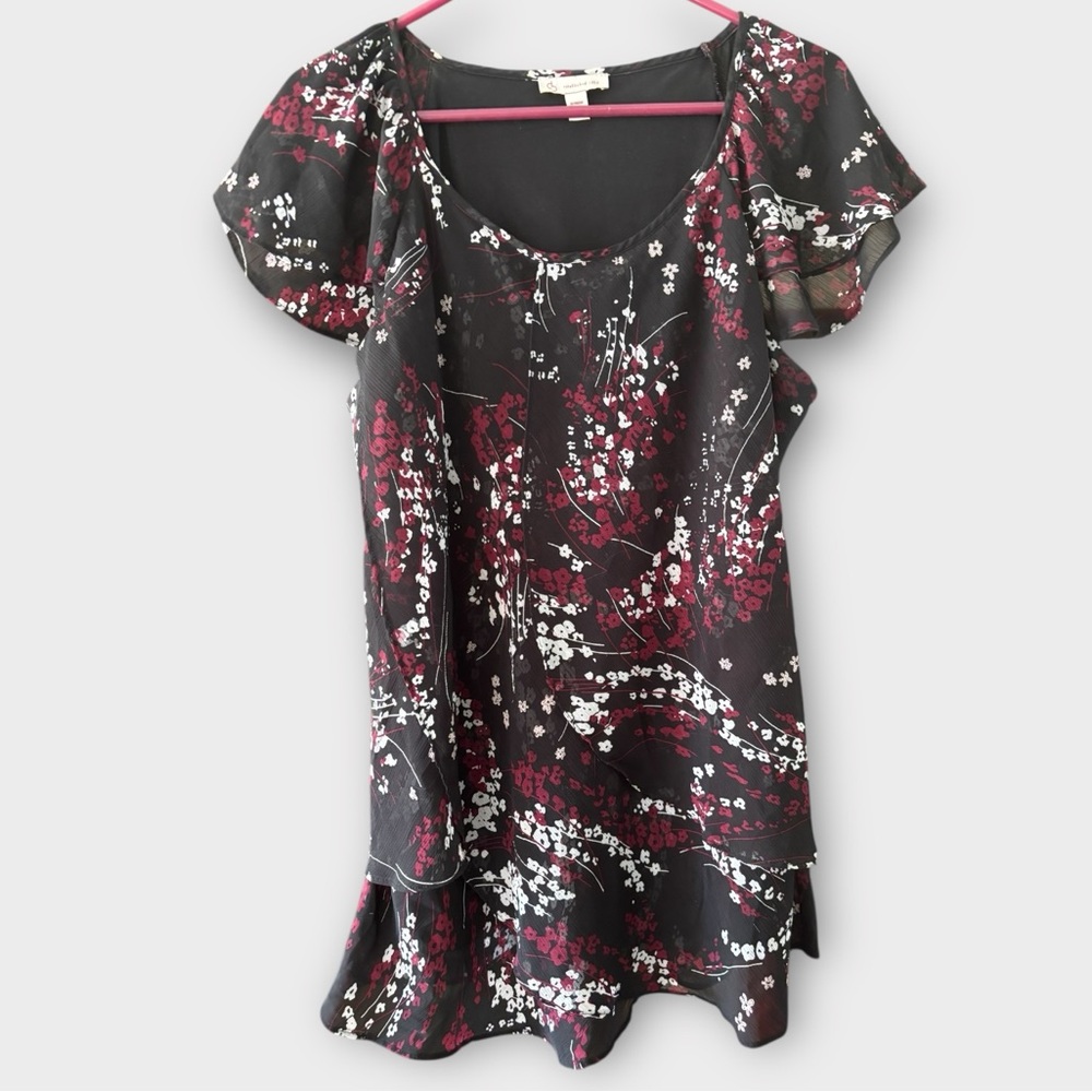 Dress Barn Black Chiffon Magenta Flowers Dressy Flutter Sleeve Tunic Top Size 1X